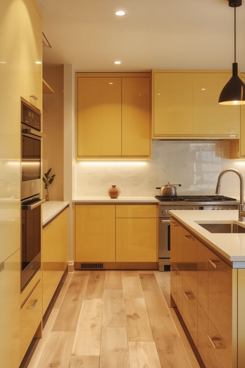Modern kitchen with glossy yellow cabinets, white quartz countertops, hardwood floors, and stainless steel appliances