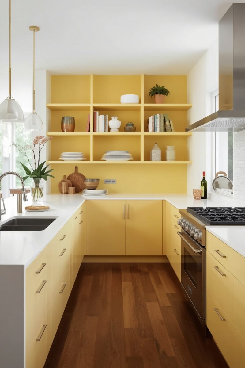 Modern kitchen with yellow cabinets, open shelving, white countertops, stainless steel appliances, and hardwood floors