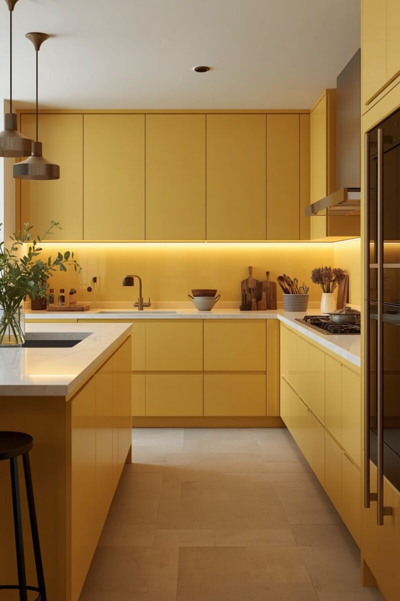 Modern yellow kitchen with flat-panel cabinets, white marble countertops, under-cabinet LED lighting, and stainless steel appliances