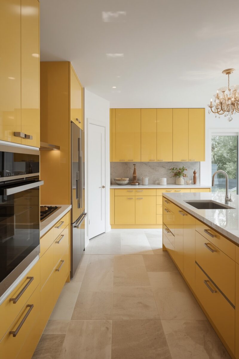 Modern kitchen with glossy yellow cabinets, marble backsplash, stainless steel appliances, and crystal chandelier