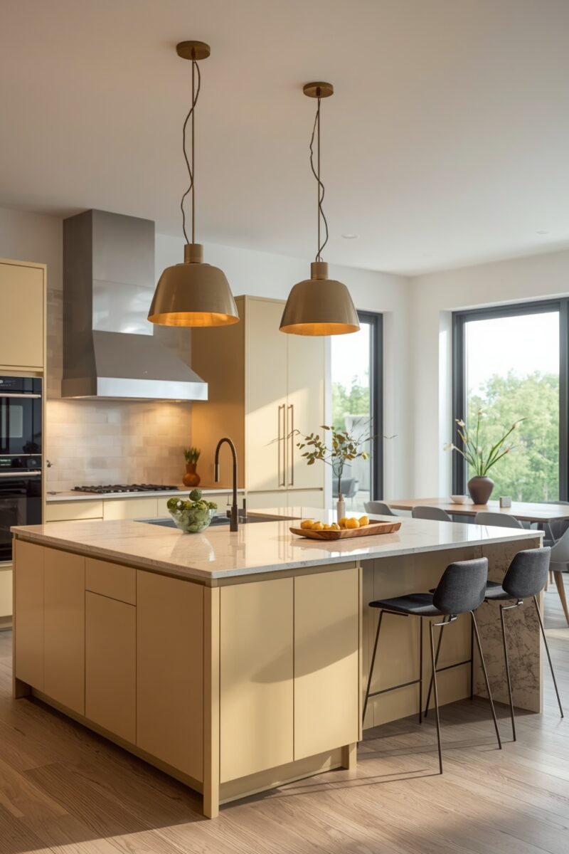 Modern kitchen with cream cabinetry, large island with marble countertop, pendant lights, and bar stools