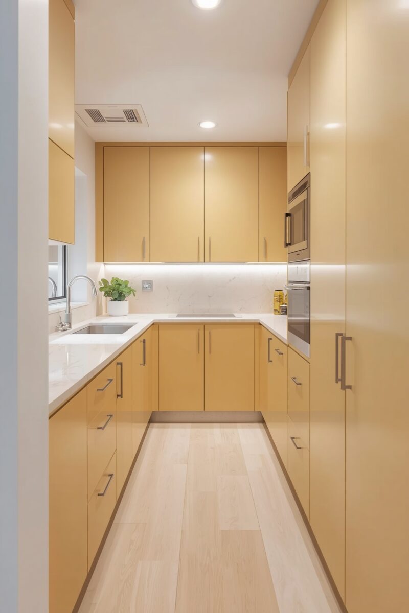 Modern U-shaped kitchen with glossy yellow cabinets, white quartz countertops, and light wood flooring