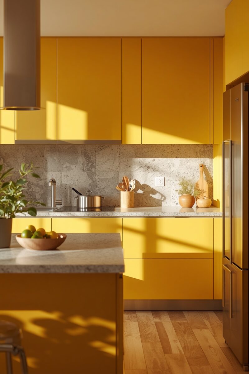 Modern kitchen with bold yellow cabinets, marble backsplash, wooden countertops, and stainless steel appliances