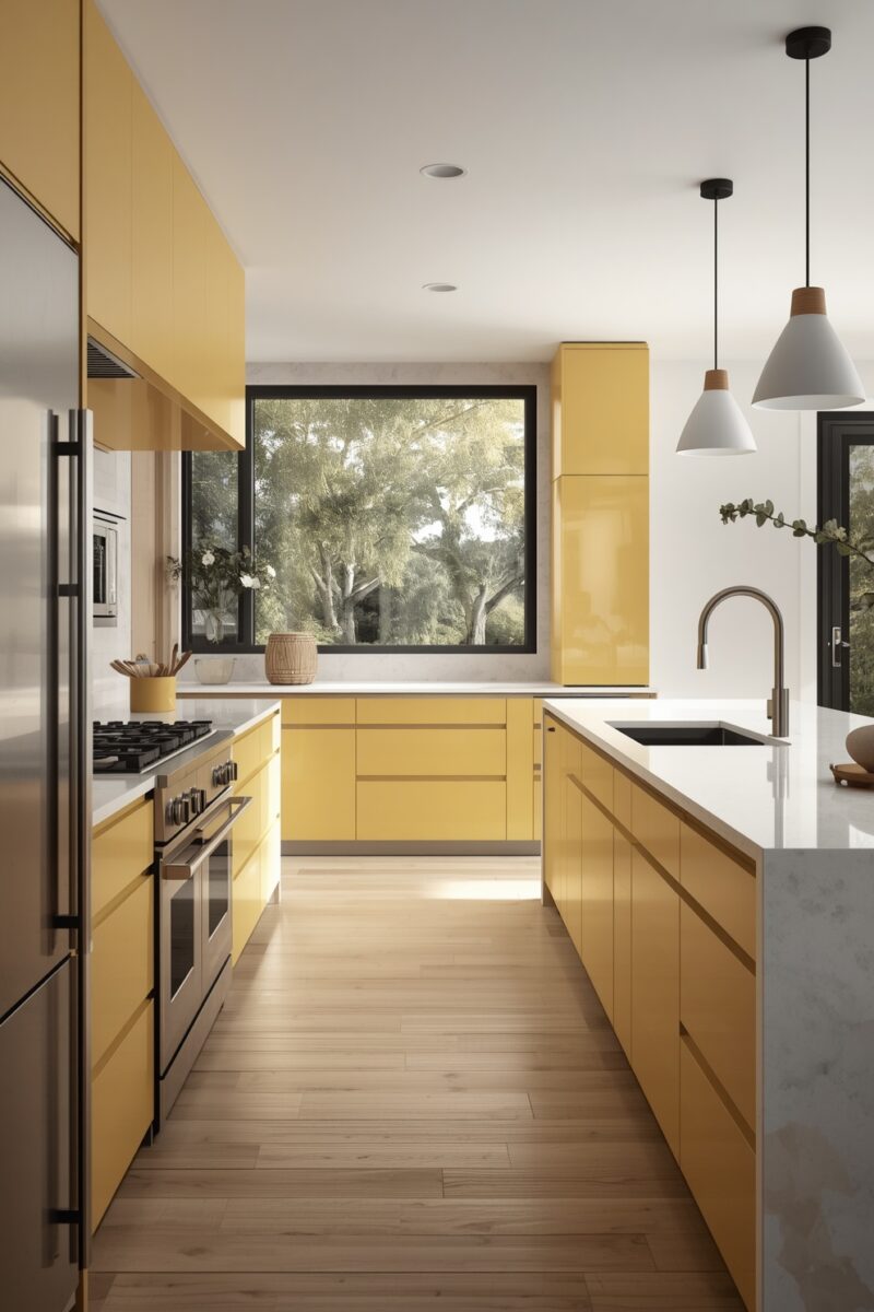 Modern kitchen with glossy yellow cabinets, white quartz countertops, stainless steel appliances, and light wood floors