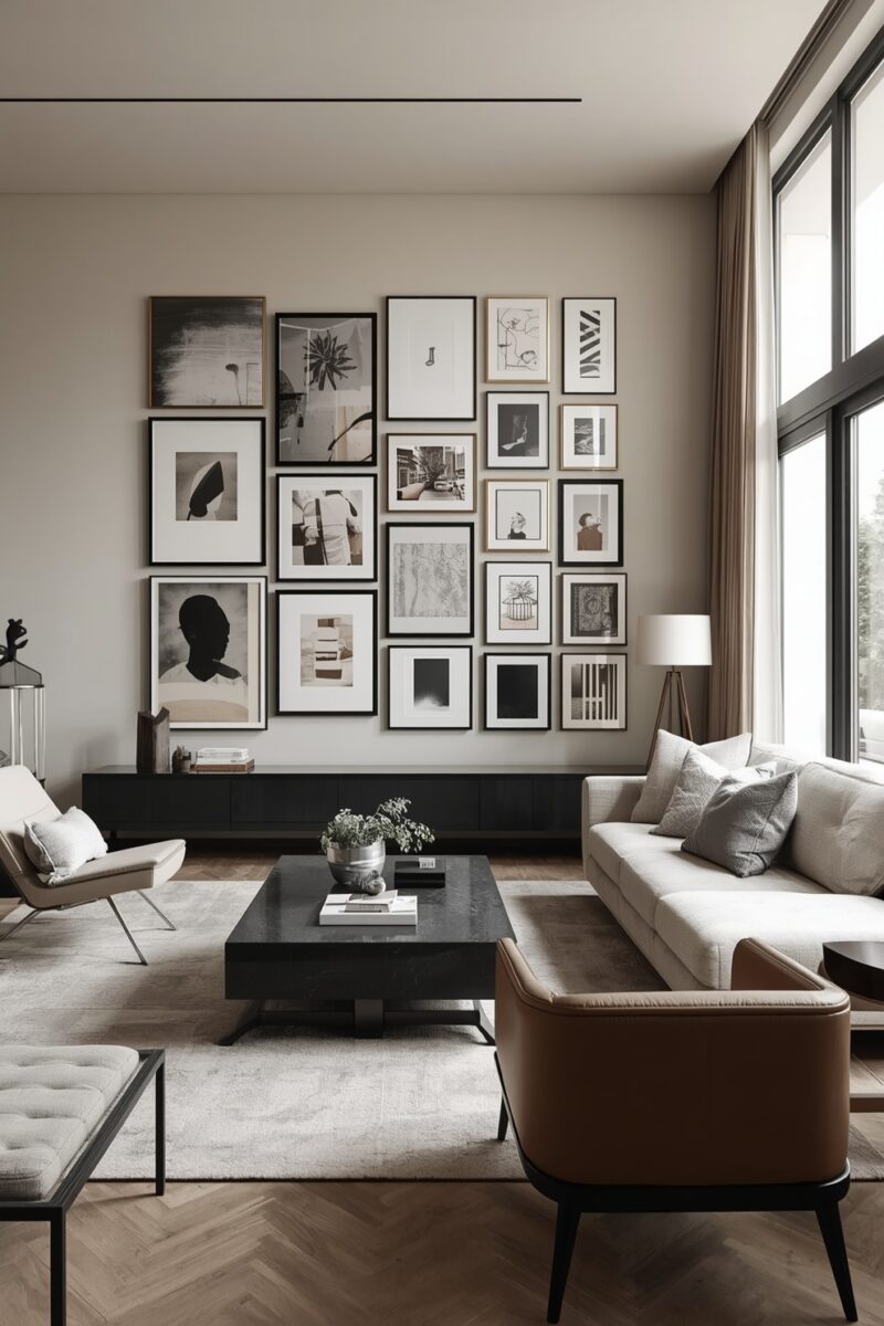 Modern living room with large gallery wall of black and white framed art, neutral sofa, leather chair, and dark coffee table