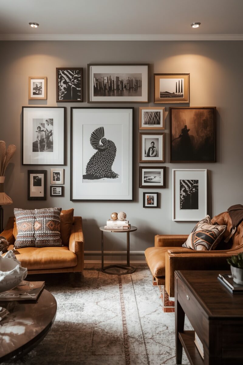 Cozy living room with tan leather armchairs, gallery wall of black and white framed art, and warm ambient lighting
