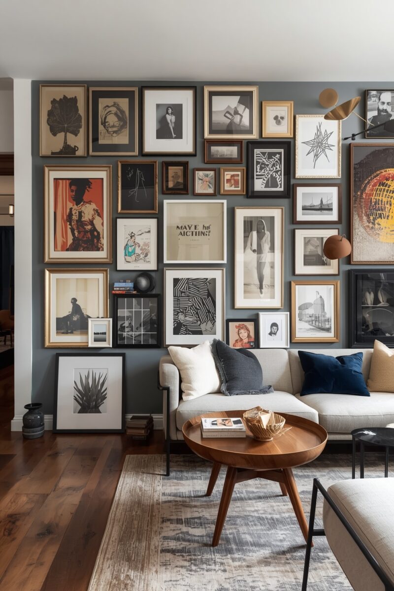 Eclectic gallery wall with 20+ mixed frames on gray wall above cream sofa and mid-century wood coffee table