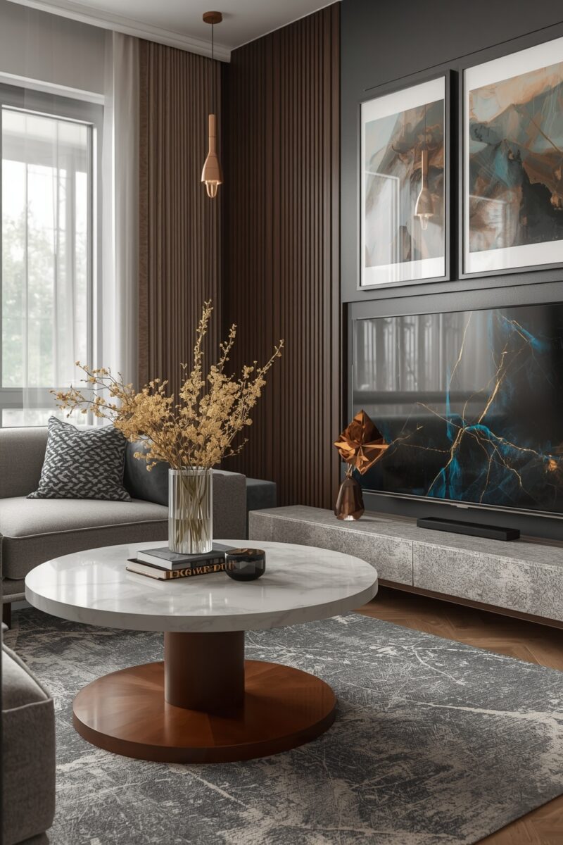Modern luxury living room with marble coffee table, gray sofa, wood panel wall, and large TV with abstract art