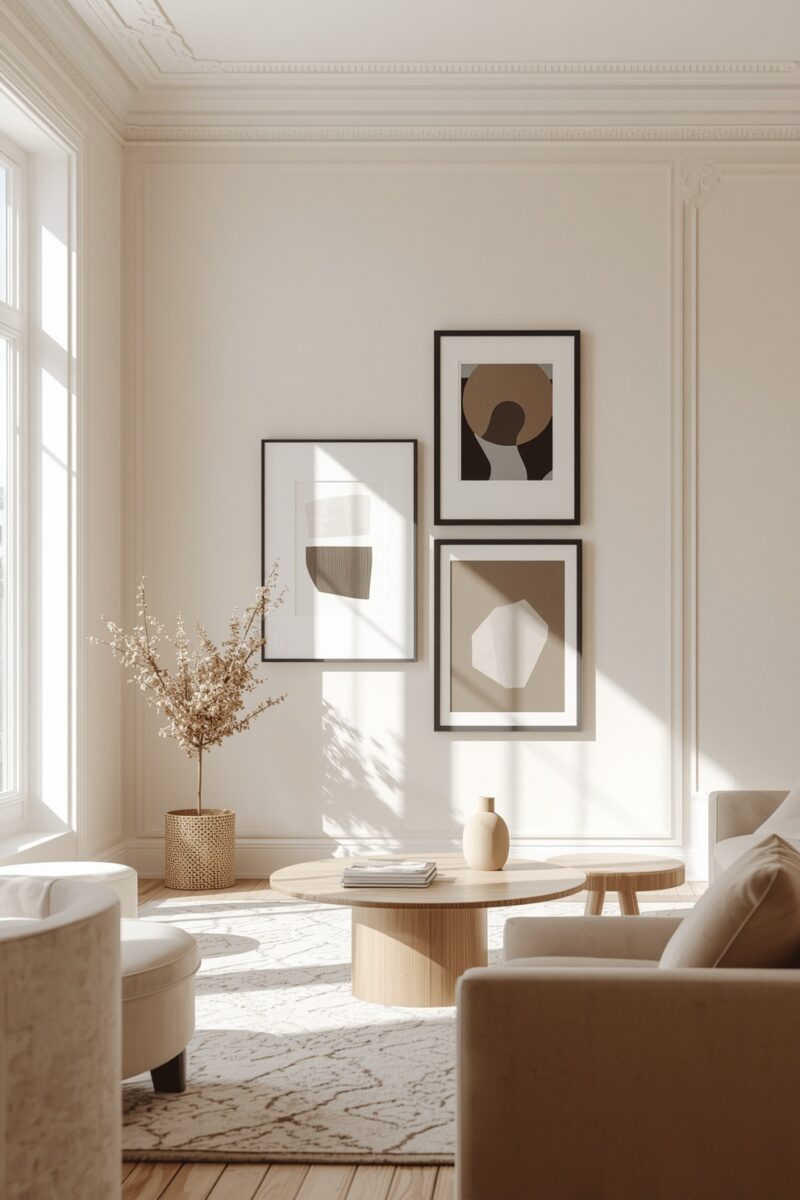 Bright Scandinavian living room with neutral tones, gallery wall art, round wood coffee table, and linen armchairs