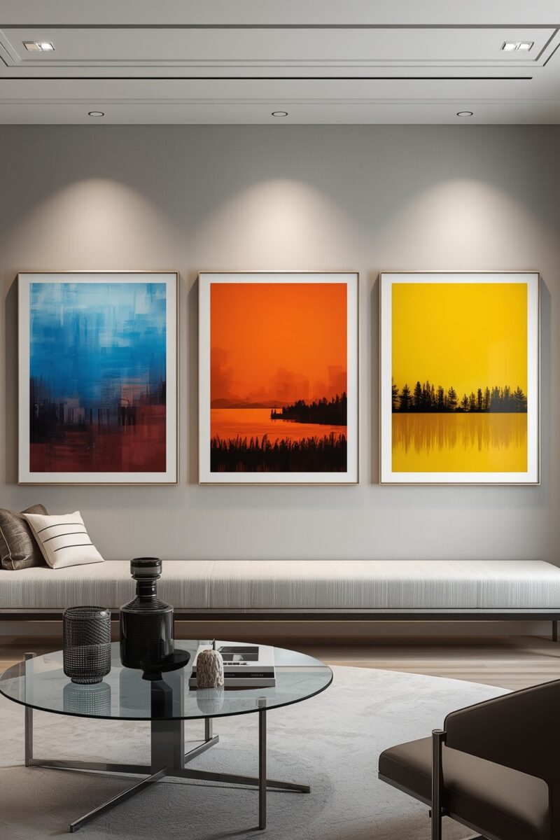 Modern living room with three large framed artworks in blue, orange, and yellow above a white bench and glass coffee table