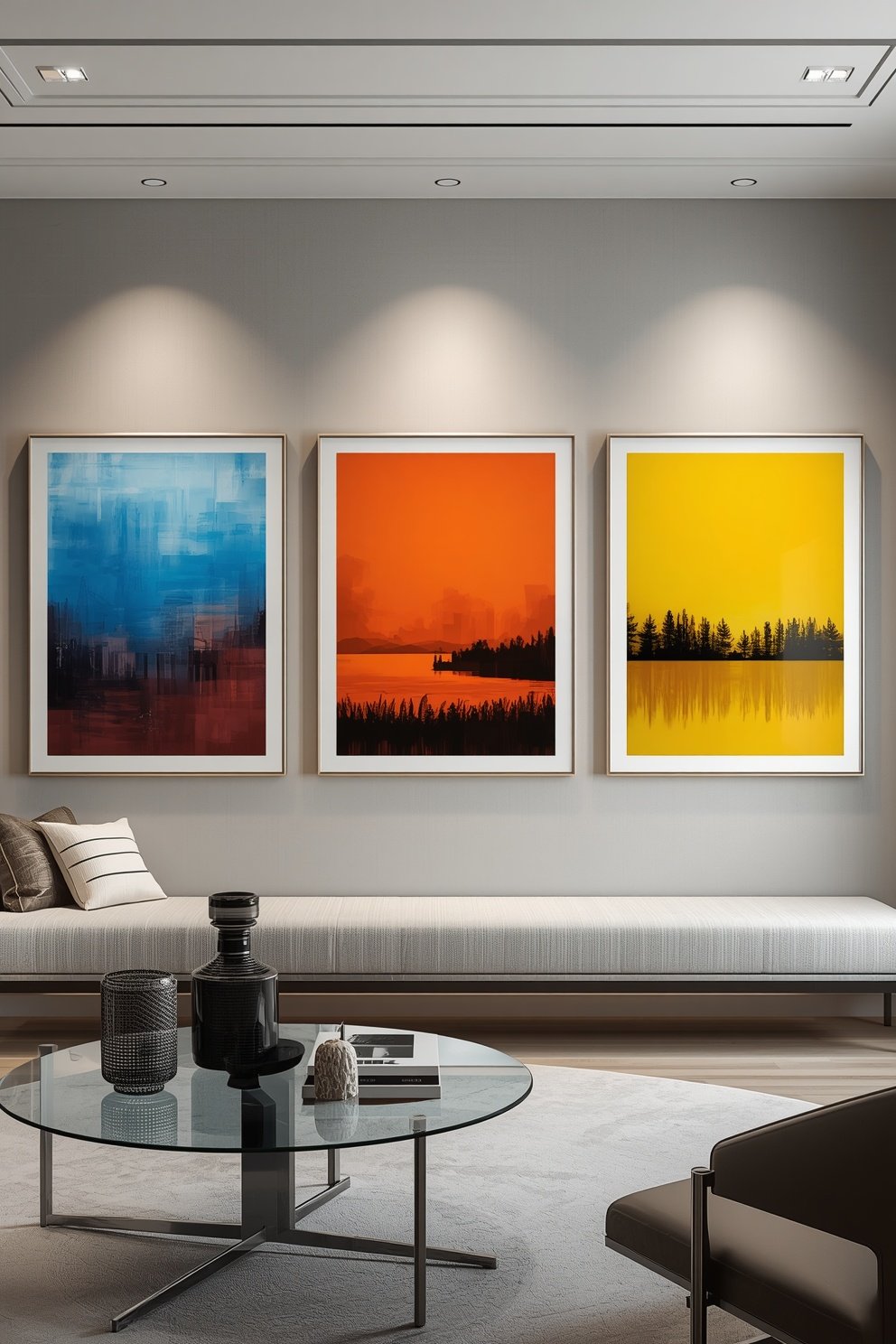 Modern living room with three large framed artworks in blue, orange, and yellow above a white bench and glass coffee table