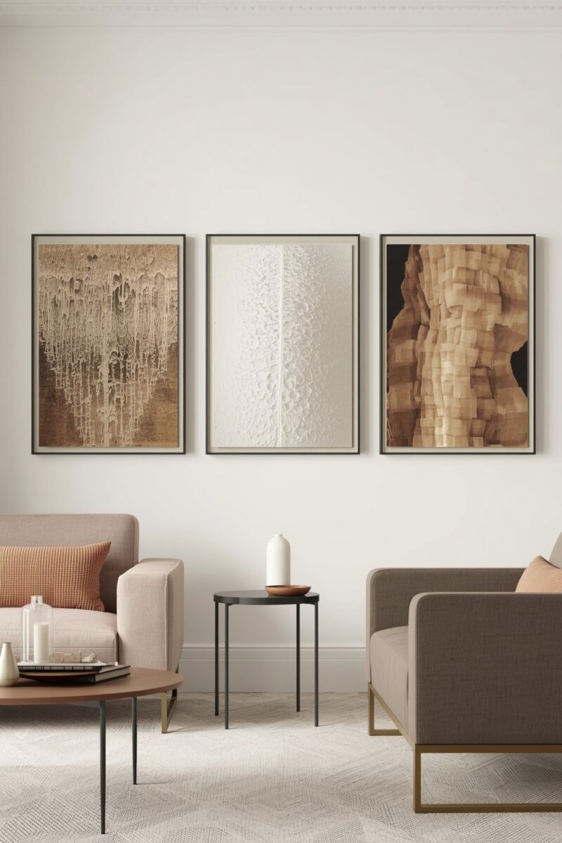 Modern minimalist living room with three framed abstract textural artworks in earth tones above two sofas