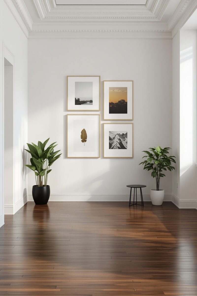 Minimalist hallway with dark hardwood floors, white walls, four framed nature art prints, and two green potted plants