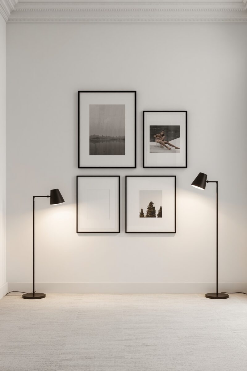 Minimalist gallery wall with four black-framed photos flanked by two black floor lamps on white wall