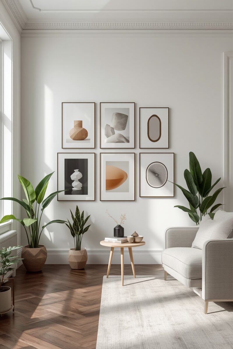 Modern Scandinavian living room with gallery wall, potted plants, light grey armchair, and herringbone wood floor