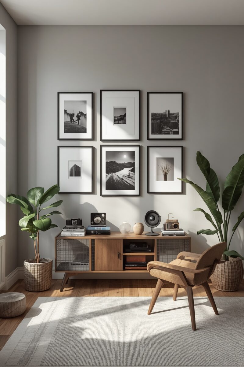 Modern living room with 6 black-and-white framed photos gallery wall, mid-century wooden sideboard, accent chair, and tropical plants
