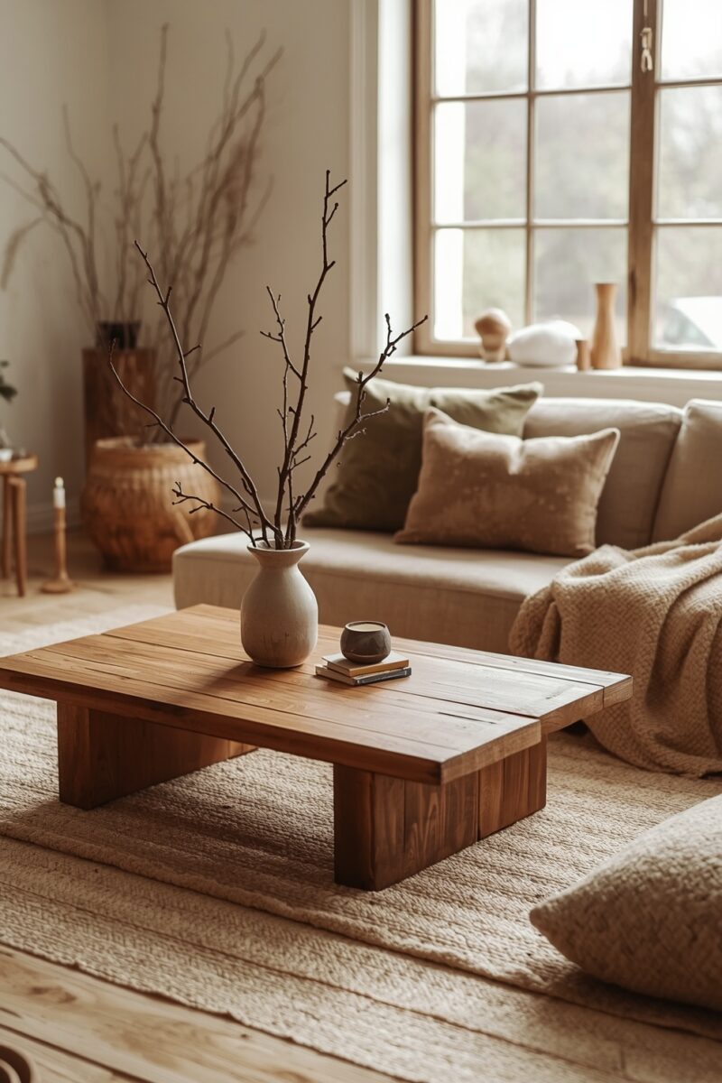 Warm Scandinavian living room with rustic wooden coffee table, ceramic vase with branches, and beige sofa