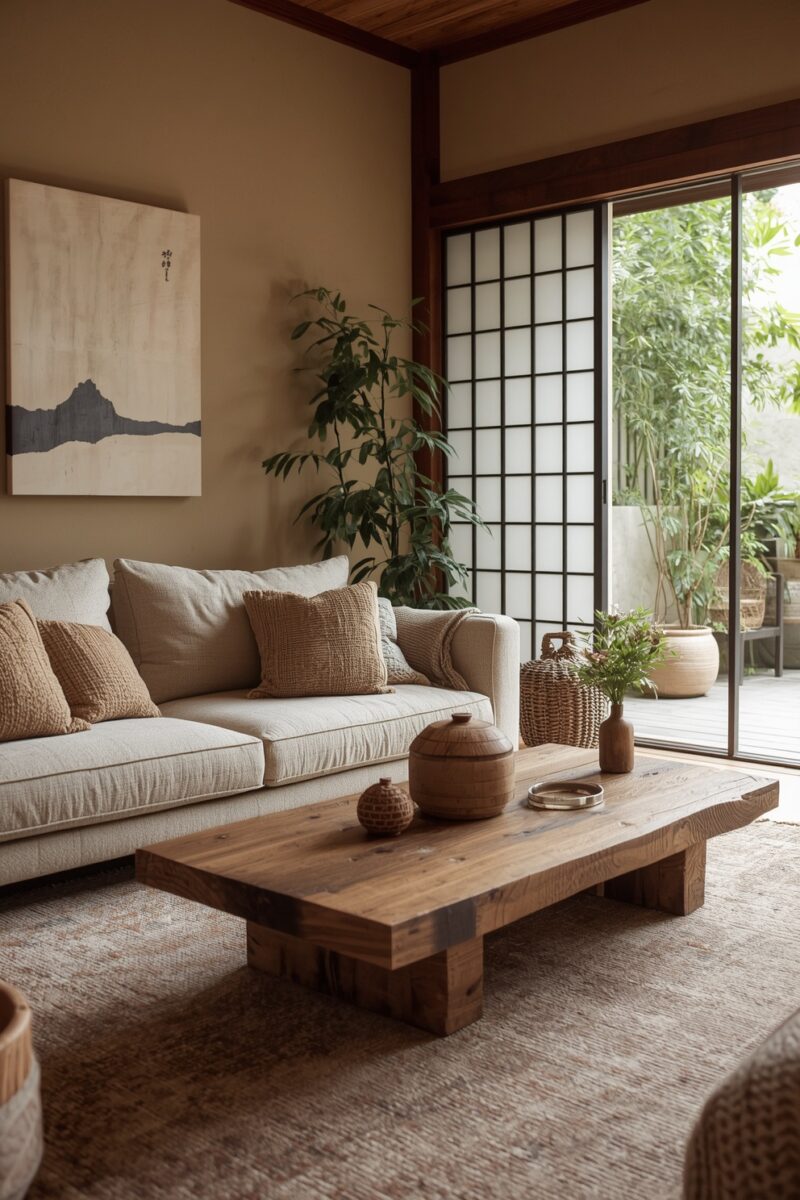 Japanese-inspired living room with cream sofa, rustic wood coffee table, shoji screens, and bamboo garden view