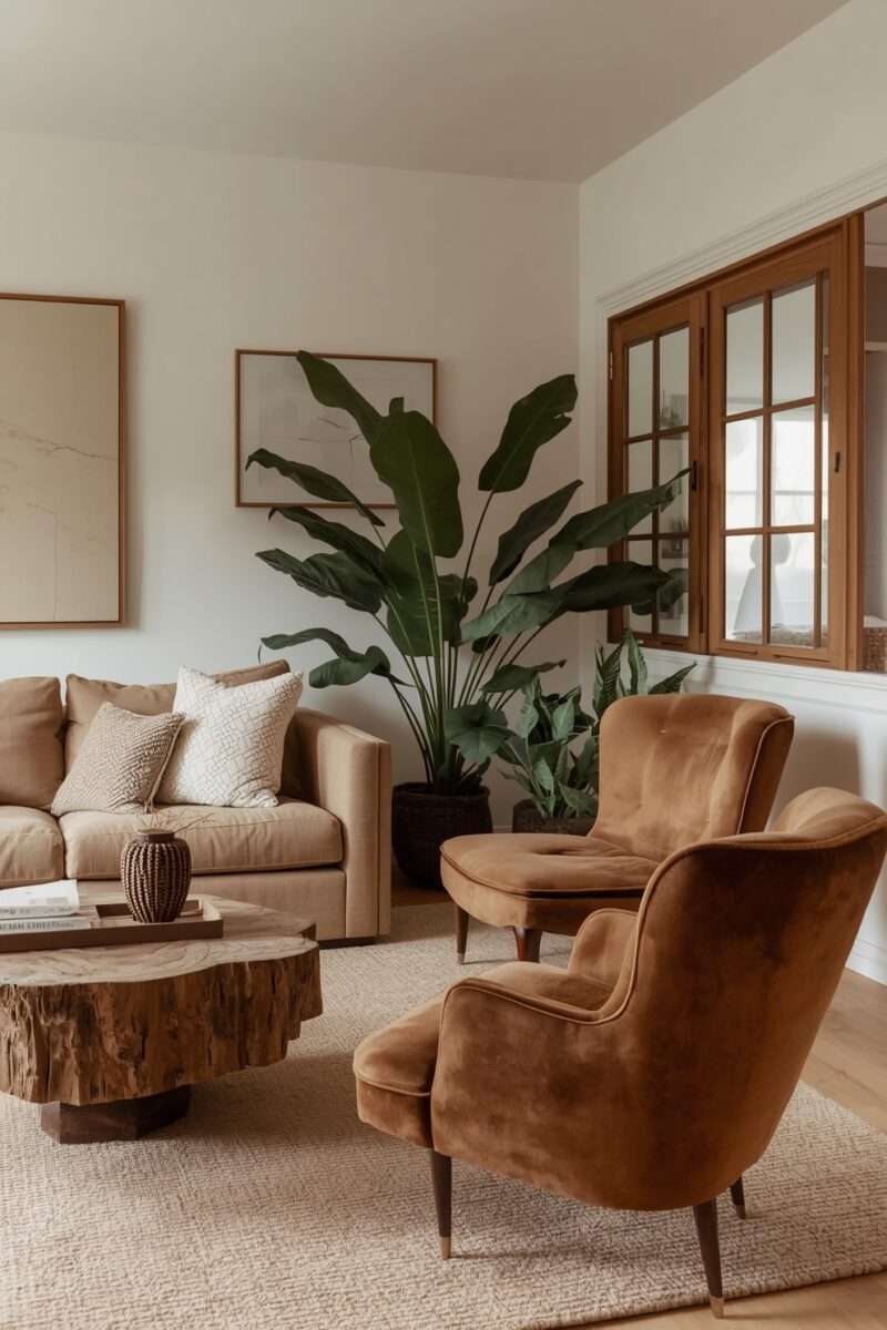 Warm living room with beige sofa, burnt orange velvet armchairs, live-edge wood coffee table, and large tropical plant