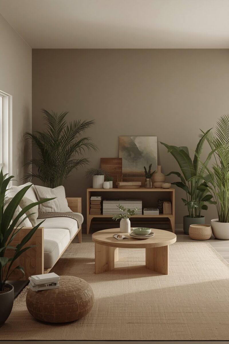 Minimalist living room with wooden furniture, round coffee table, white sofa, and lush tropical plants