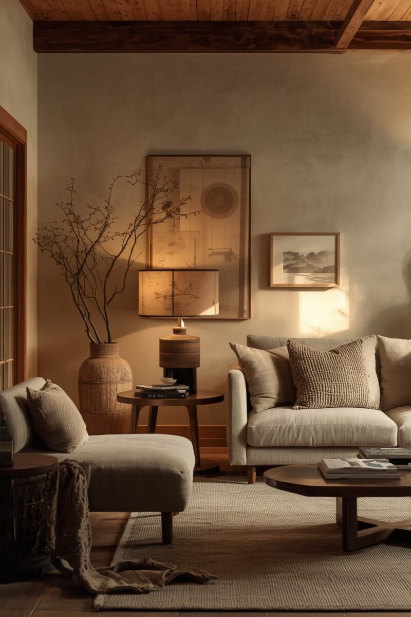 Warm japandi living room with beige sofa, wooden coffee table, dried branch vase, and soft ambient lamp lighting