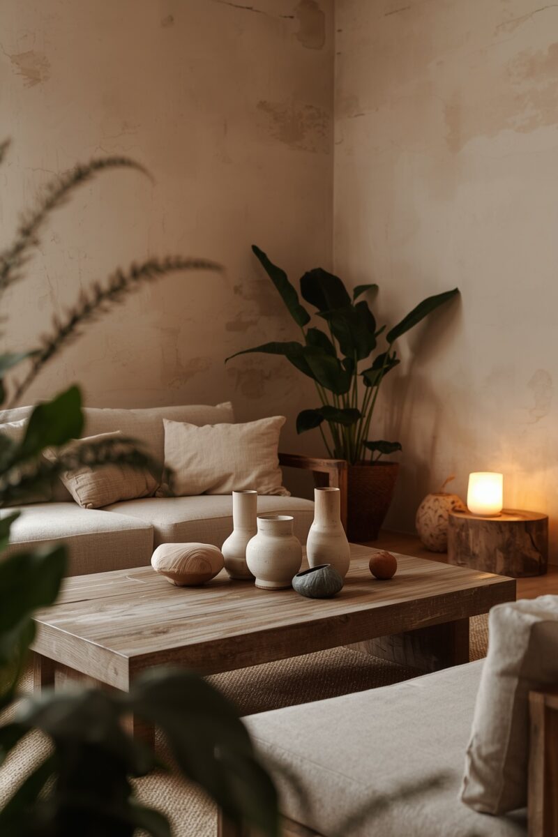 Minimalist boho living room with wooden coffee table, ceramic vases, linen sofa, tropical plant, and warm glowing lamp