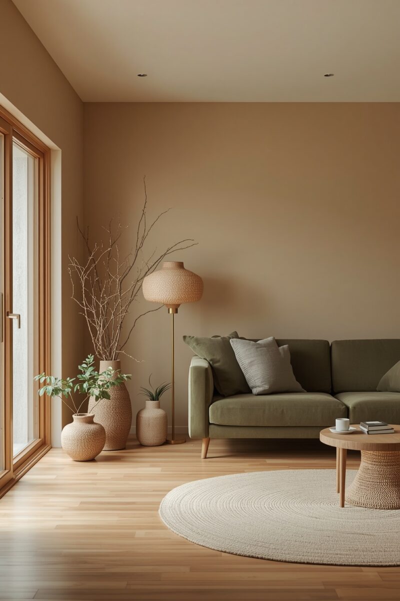Minimalist living room with olive green sofa, round wood coffee table, woven vases, and warm beige walls
