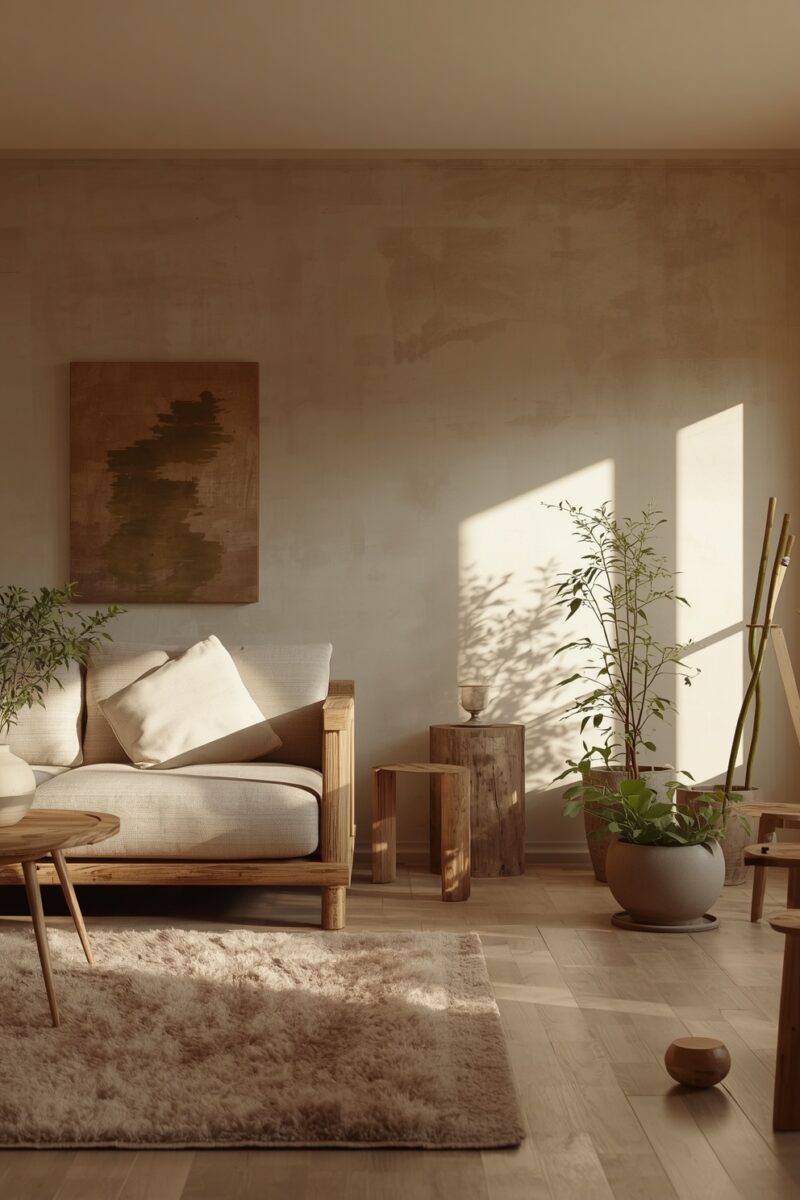 Minimalist Japandi living room with wooden sofa, cream cushions, potted plants, and warm natural light