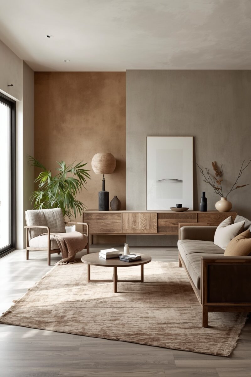 Modern minimalist living room with warm earth tones, wooden sideboard, beige sofa, round coffee table, and tropical plant