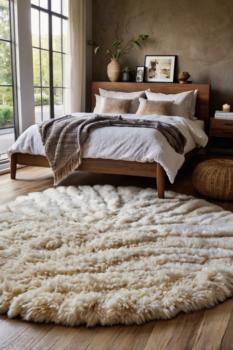 Cozy bedroom with large fluffy white sheepskin rug, walnut wood bed, white linen bedding, and natural decor