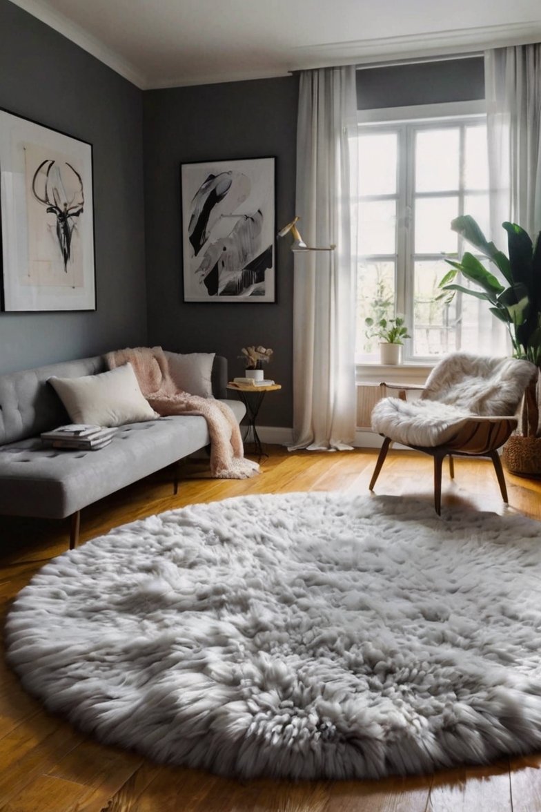 Cozy Scandinavian living room with large white fluffy round rug, gray sofa, mid-century chair, and abstract wall art