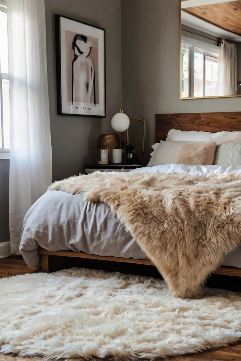Cozy modern bedroom with faux fur throw blanket, white shag rug, wooden bed frame, and neutral gray walls