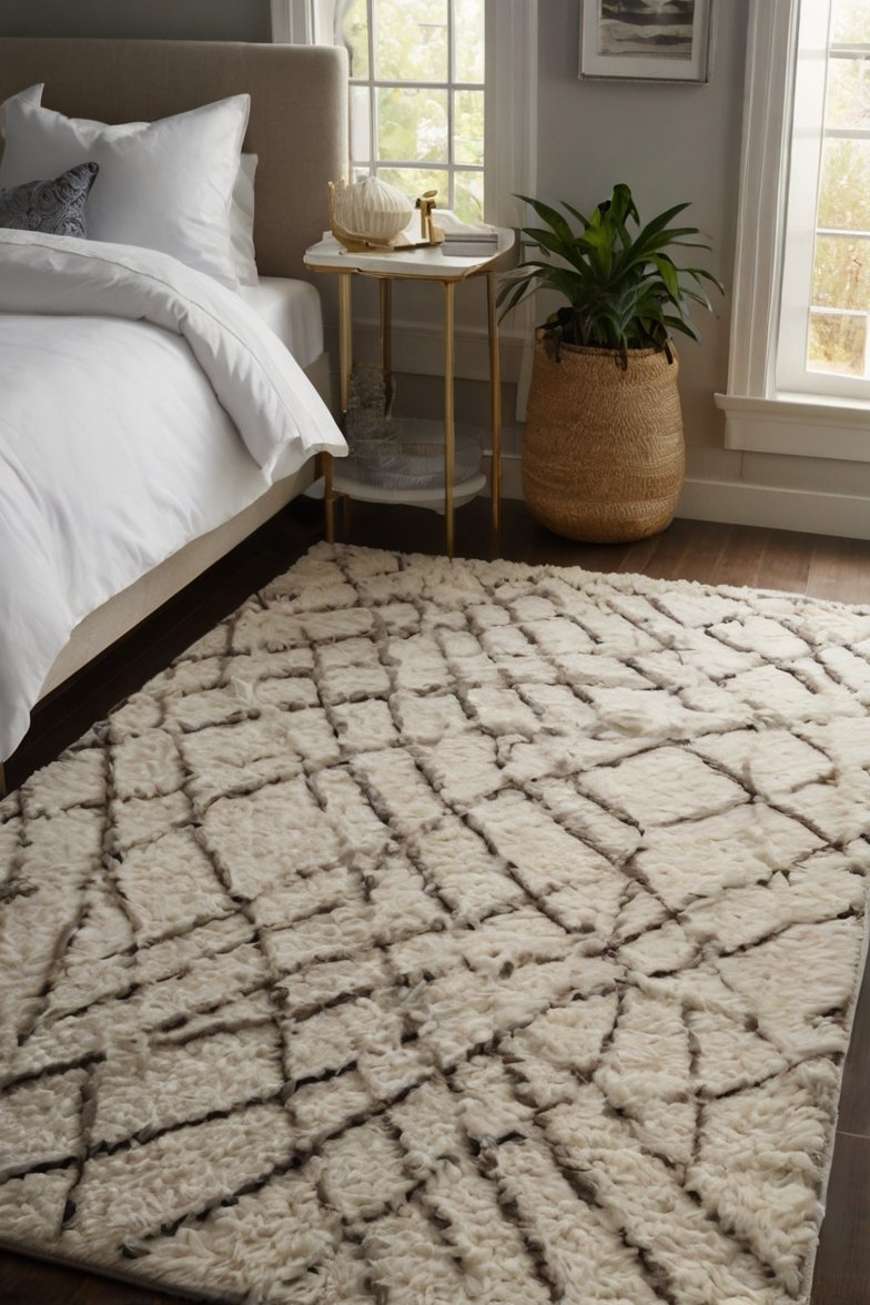 Cream shaggy Moroccan-style diamond pattern rug in a cozy bedroom with white bedding and gold nightstand