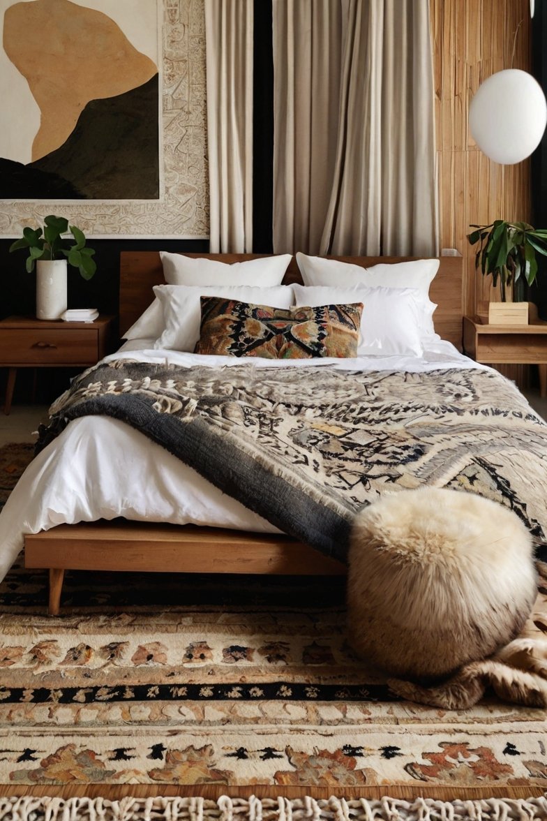 Boho-style bedroom with wooden bed frame, tribal patterned throw blanket, layered rugs, and neutral earth tones