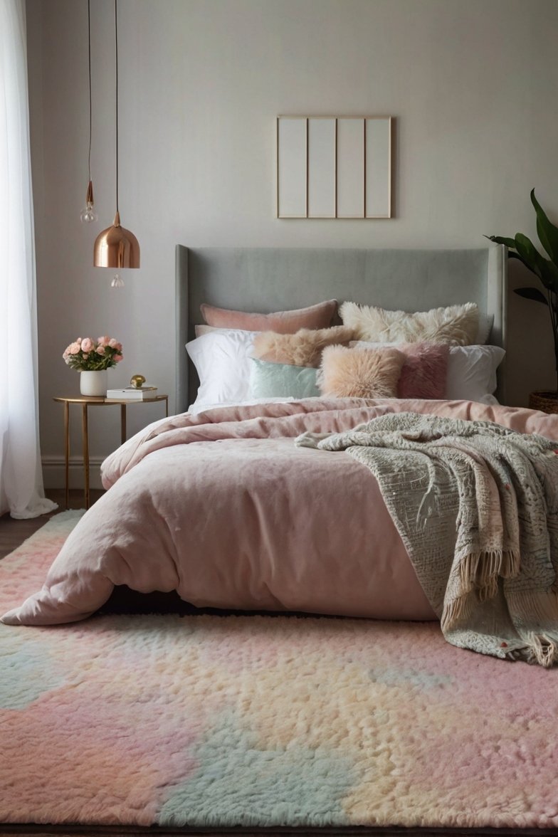 Cozy bedroom with pink velvet duvet, grey upholstered headboard, pastel pillows, and rainbow rug