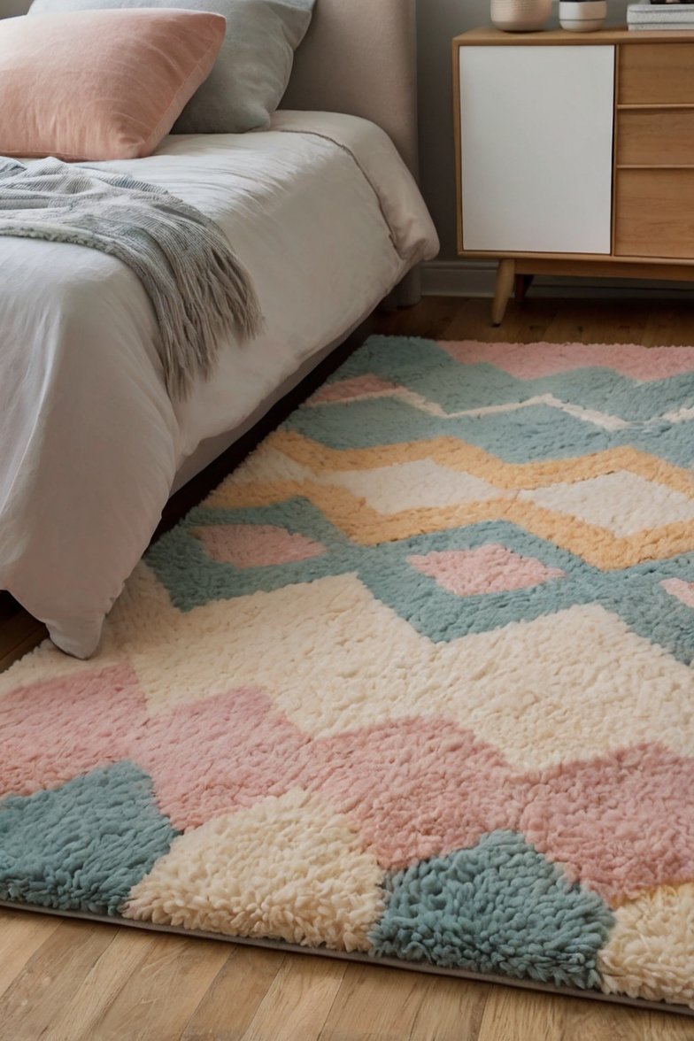 Pastel geometric shag rug with pink, blue, and yellow diamond pattern beside a bed on hardwood floor