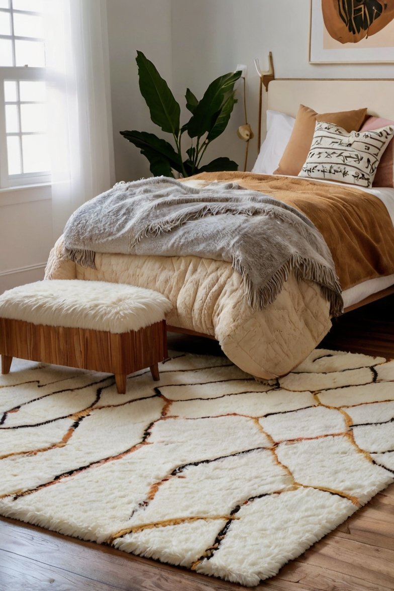 Cozy boho bedroom with cream Moroccan shag rug, wood bench, layered bedding, and tropical plant
