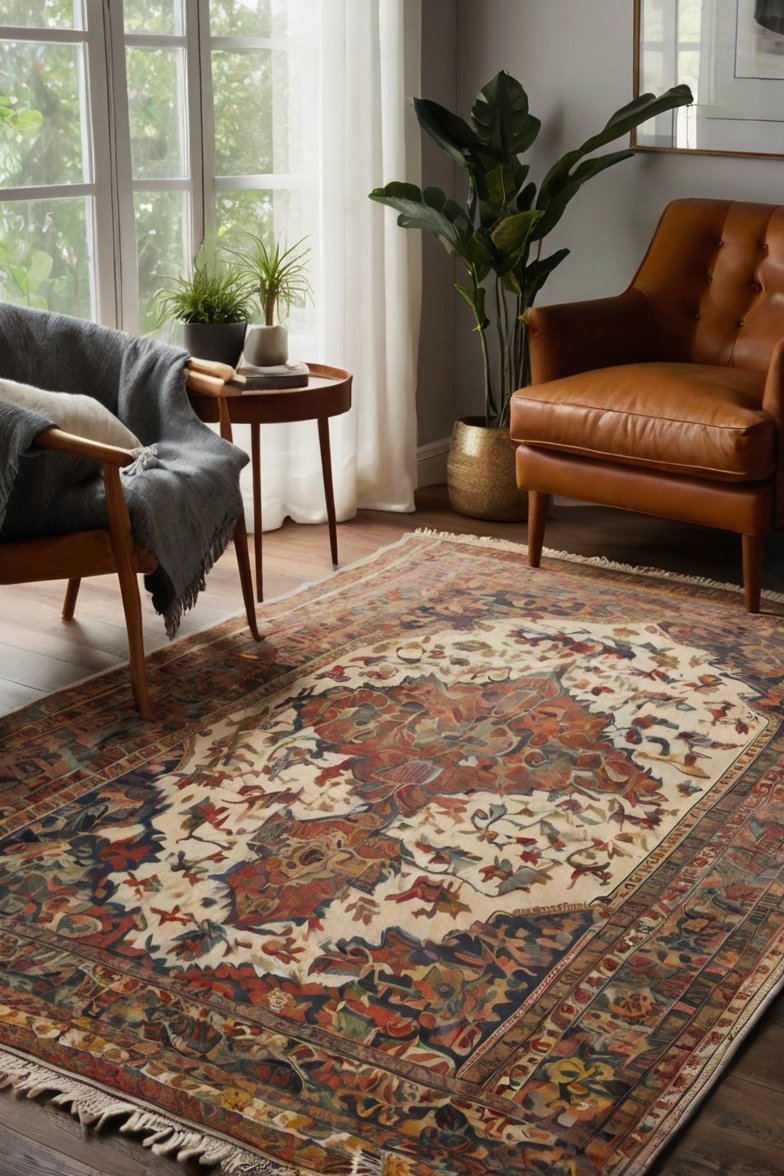 Colorful vintage Persian-style area rug in a cozy living room with leather chair and indoor plants