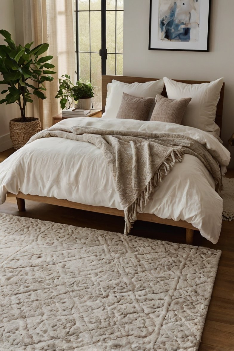 Cozy neutral bedroom with white duvet, wooden bed frame, textured rug, throw blanket, and indoor plants by window