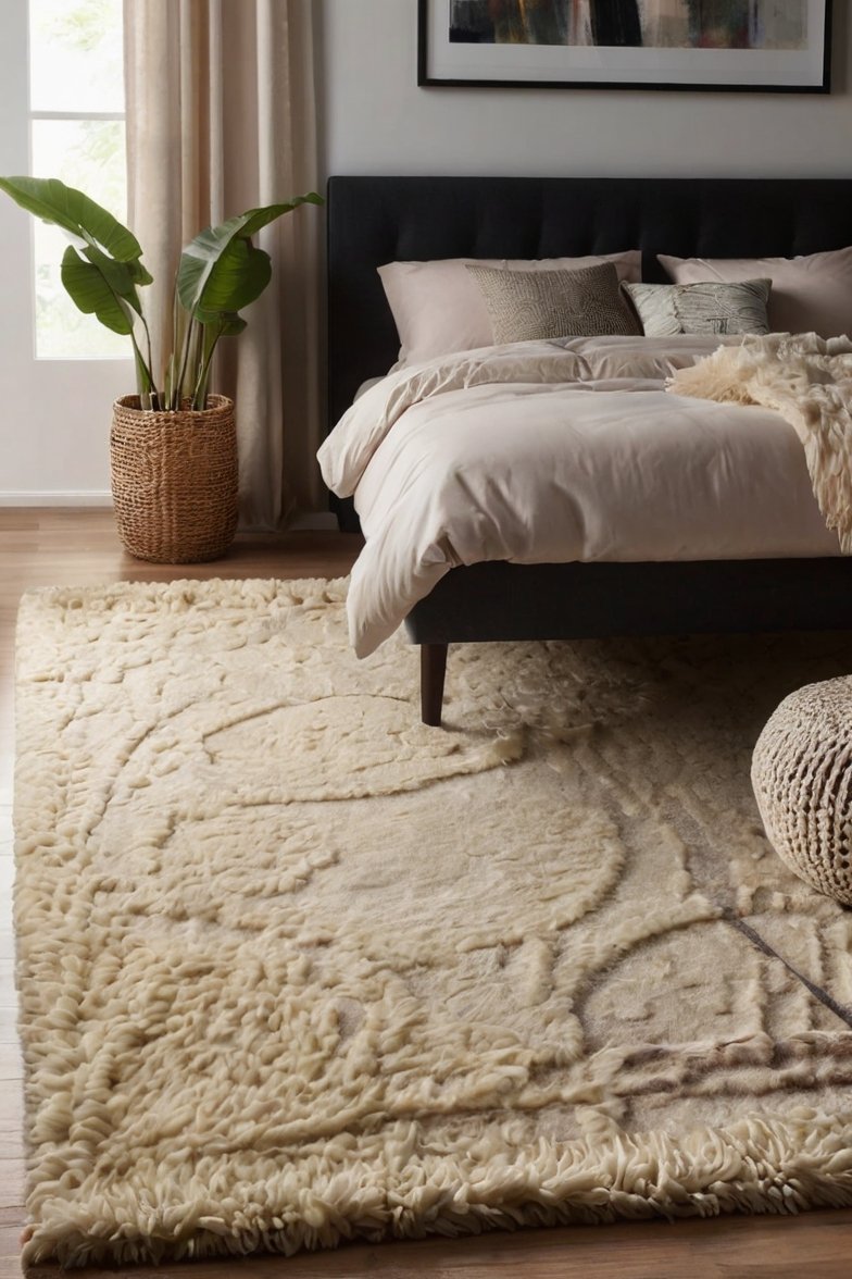 Cream shaggy Moroccan-style rug in a modern bedroom with black bed frame, neutral bedding, and tropical plant