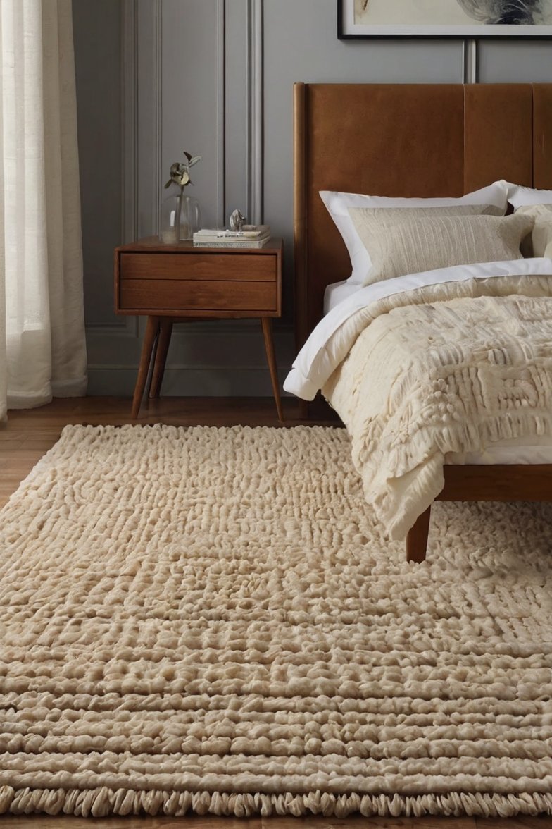 Chunky cream textured wool rug in a cozy bedroom with mid-century modern walnut bed and cognac leather headboard