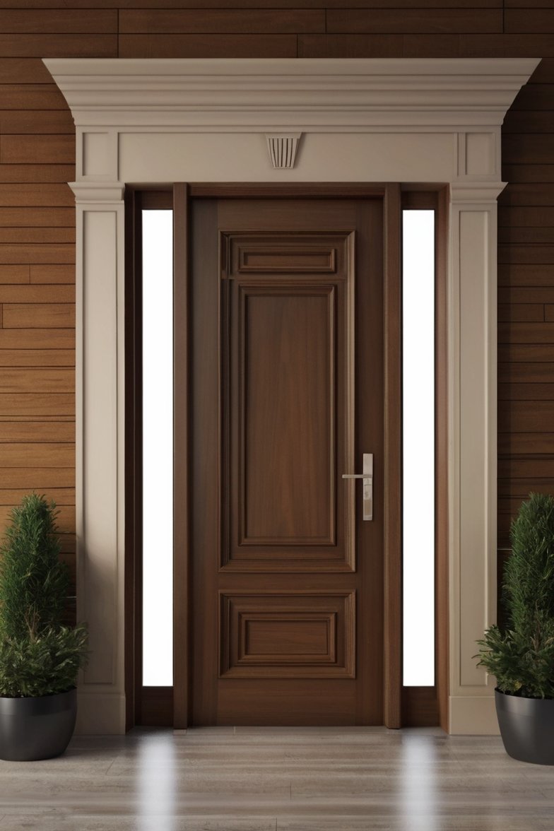 Elegant walnut wood front door with white classical surround molding, sidelights, and potted evergreen shrubs