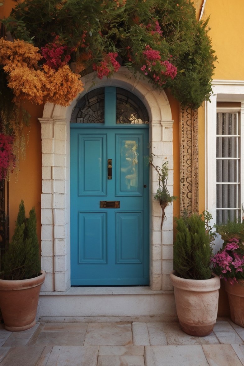 Turquoise double door with arched stone surround, flanked by terracotta pots and colorful bougainvillea on yellow wall