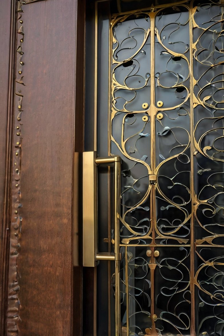 Art Nouveau brass scrollwork door with intricate floral metalwork patterns on glass panel beside carved dark wood frame