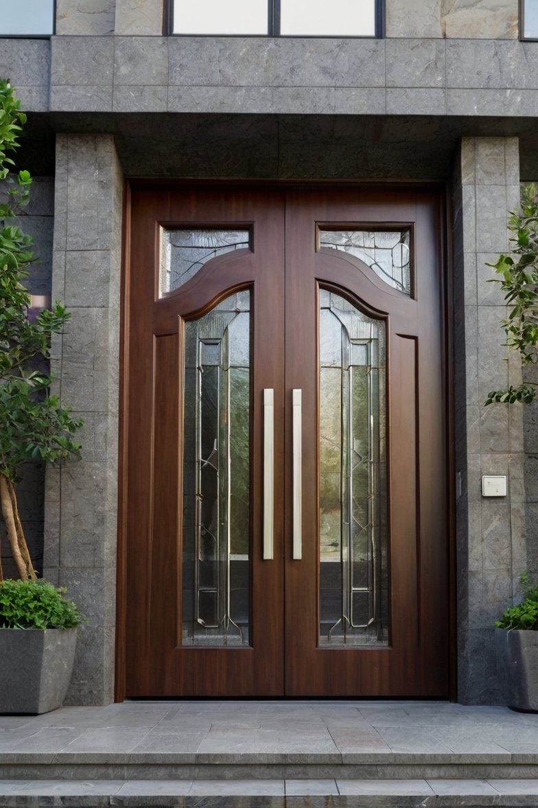 Elegant double mahogany entry doors with decorative glass panels and gold handles set in grey stone facade