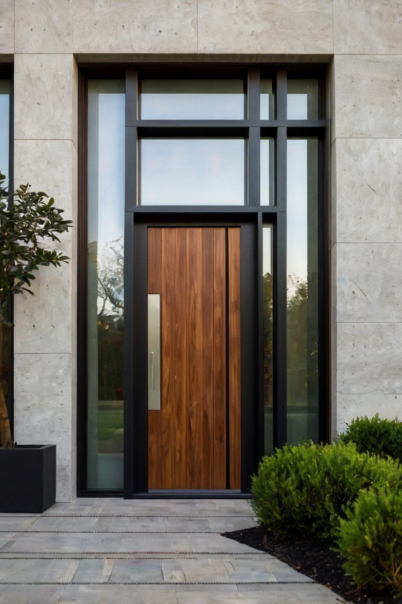 Modern luxury front door with walnut wood panel, black metal frame, glass sidelights and transom windows on stone facade