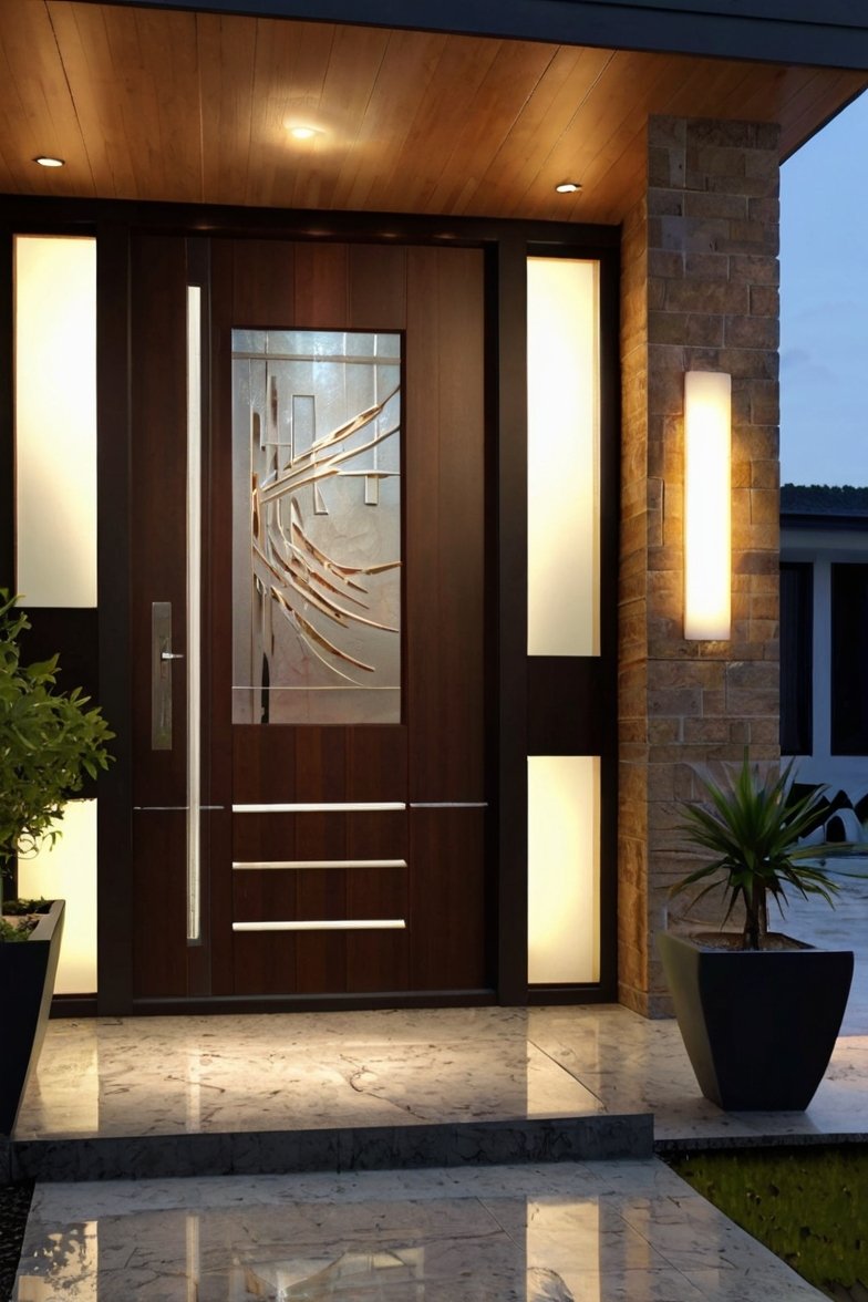 Modern dark wood front door with decorative glass panel, sidelights, and warm outdoor lighting on marble porch