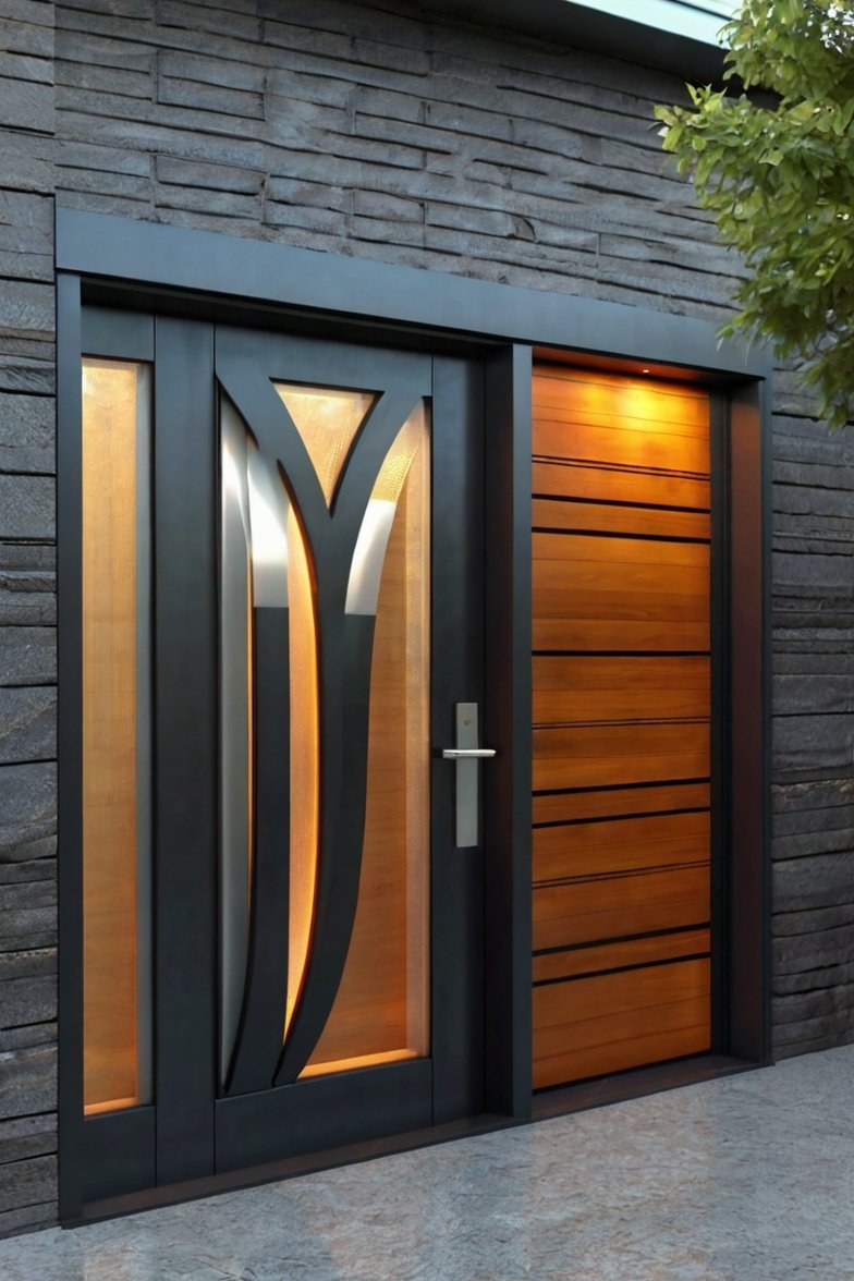 Modern front door with black metal frame, decorative curved glass panels, and horizontal wood slatted sidelight on stone exterior