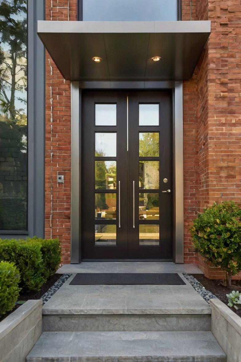 Modern double front door with glass panels on brick home with cantilevered canopy and stone steps