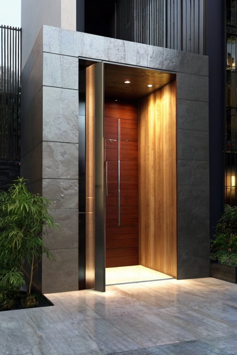 Modern luxury home entrance with pivot door, warm wood paneling, stone cladding, and recessed lighting